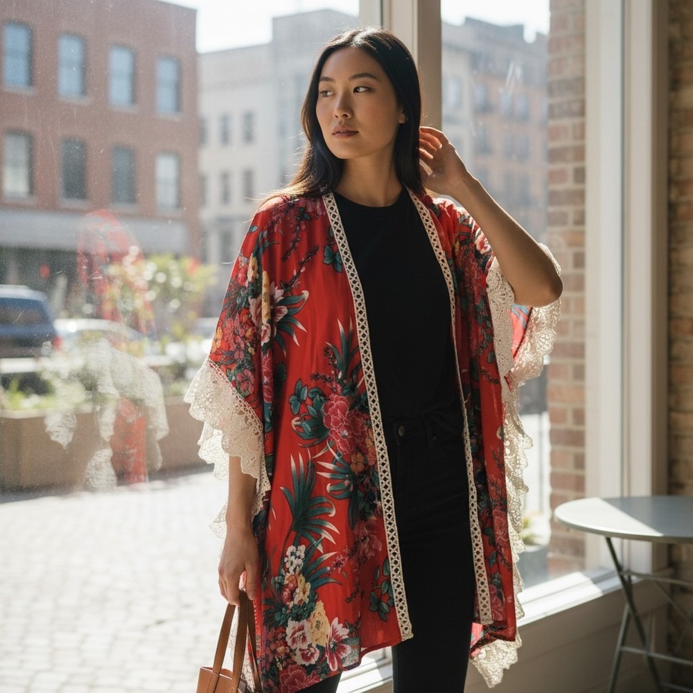 Umgee Kimono Cardigan S/M Red Floral Lace Trim Boho Tropical Vacation Cover Up
